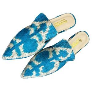 SUZANI ART Velvet Silk Leather Ikat Mule Shoes Slippers Blue EU 39 US 8.5 Turkey
